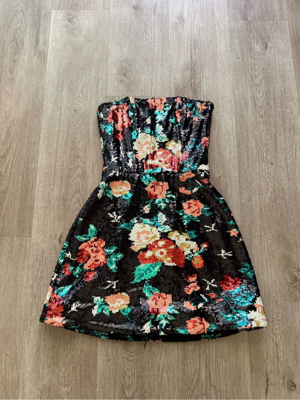 helsi linda black floral sequin strapless mini dress size XS NEW